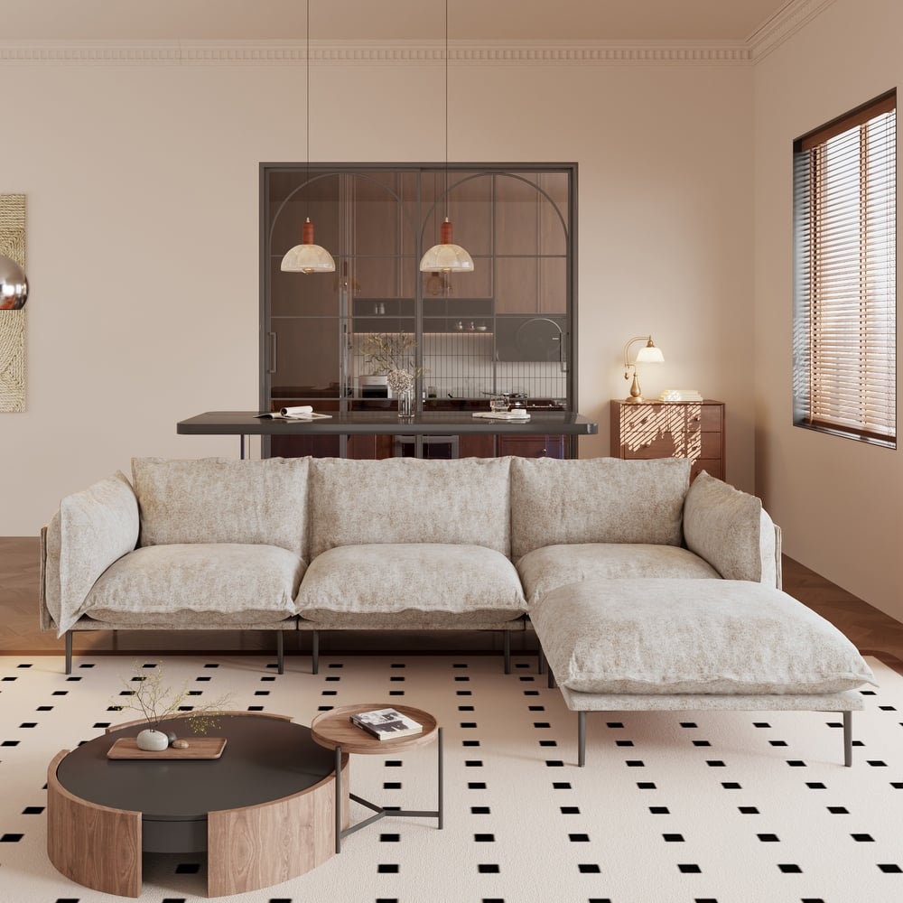 111.02'' Down Filled Sectional Sofa Couch Chenille Fabric Upholstery L-Shaped Sofa with Ottoman