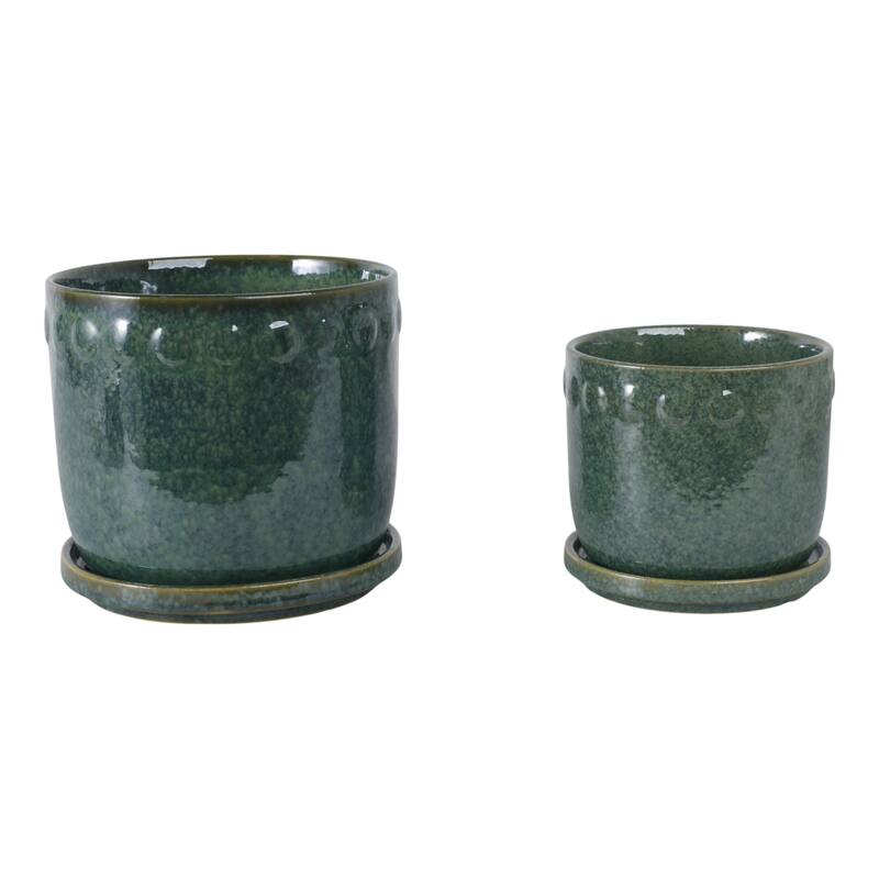 Ceramic Planter with Saucer, Bubble Trim Design - Set of 2, 8",6", Green