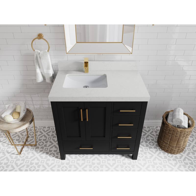 Willow Collections 36 in. W x 22 in. D Malibu Left Offset Sink Bathroom Vanity with Countertop - 2" Carrara Quartz - Black