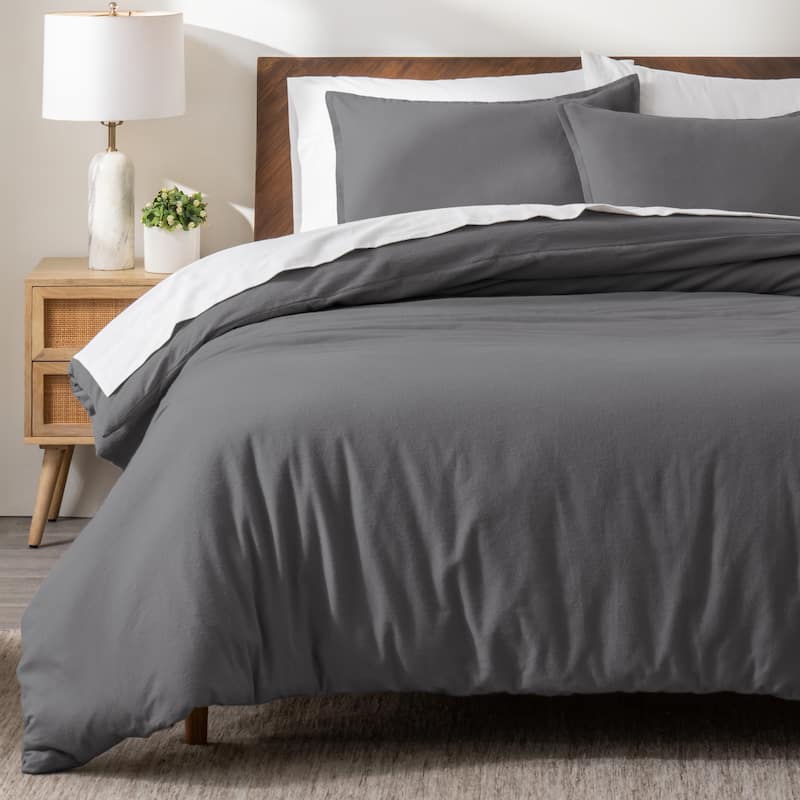 Bare Home Cotton Flannel Duvet Cover and Sham Set - Grey - Twin