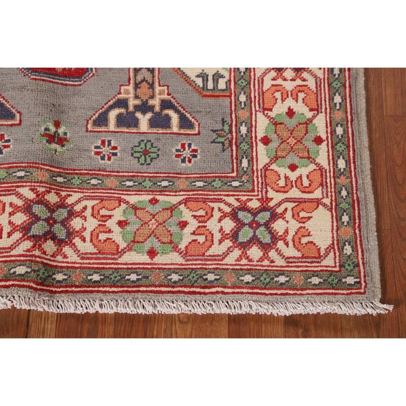 Gray Geometric Kazak Oriental Accent Rug Handmade Wool Carpet - 3'4"x 4'10"
