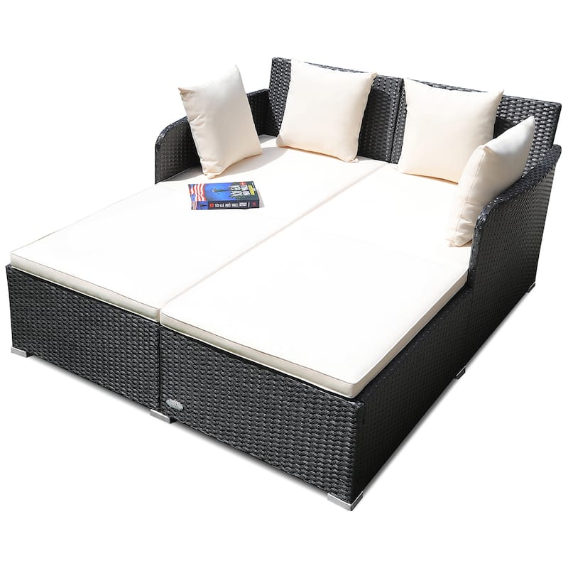 Outdoor Rattan Daybed Sunbed Patio Sofa Set with Spacious Seat - Beige