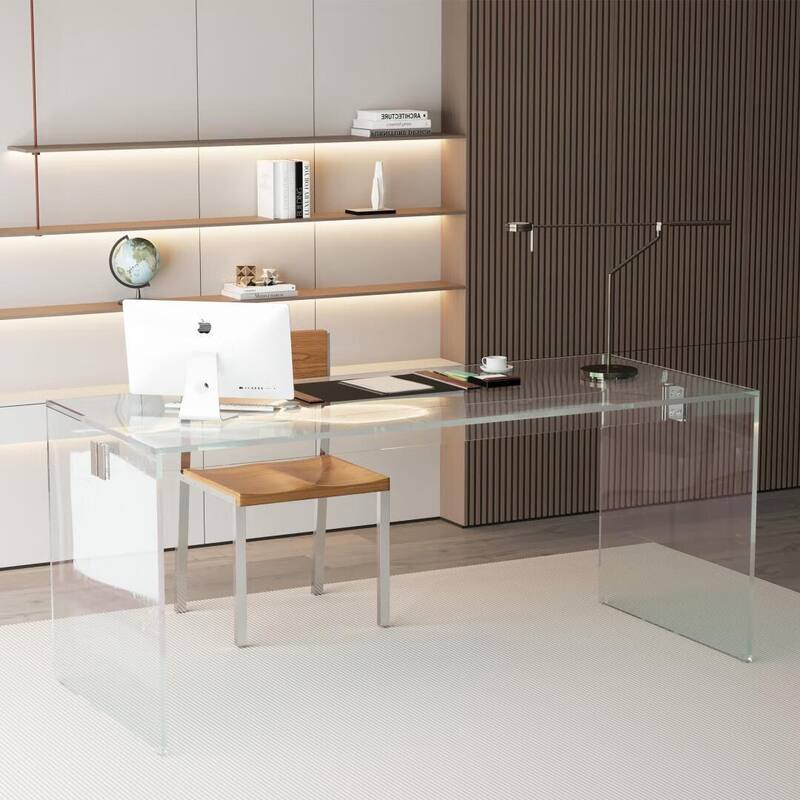 Modern Minimalist Tempered Glass Writing Desk,Transparent All Glass Workstation with Sleek Chrome Hardware for Home Office