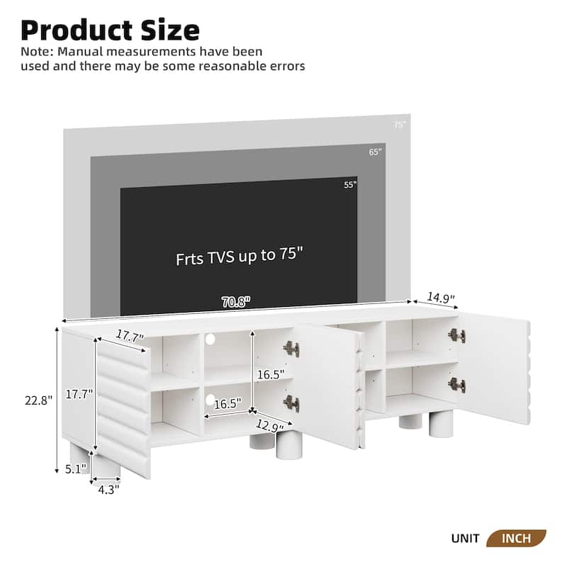 75 inch TV Stand Media Console with 4 Cabinets, Cream Wavy Door Cabinet with Cylindrical Legs & Cable Management