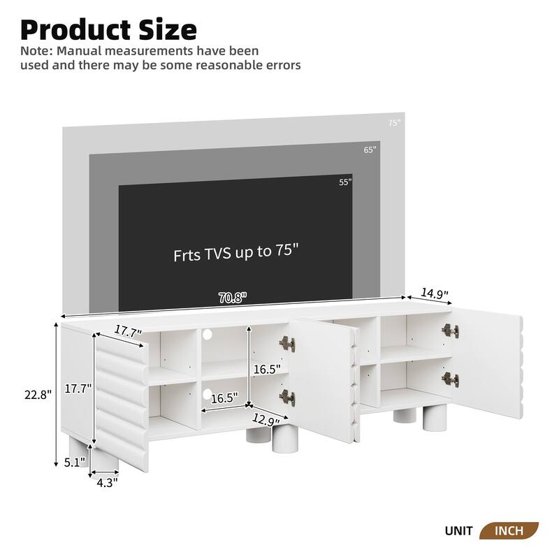 Modern TV Stand for TVs up to 75 Inches with 4 Cabinets, Adjustable Shelves and Cable Holes, for Living Room, White