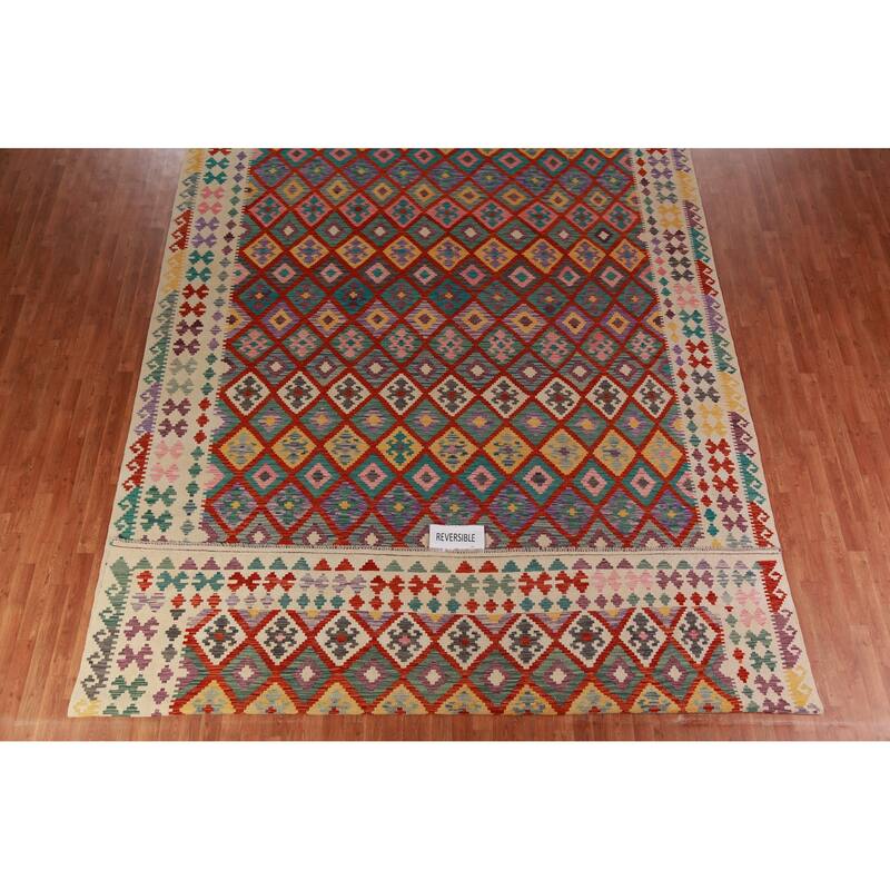 Trellis Kilim Oriental Large Rug Hand-Woven Wool Carpet - 10'3"x 16'2"