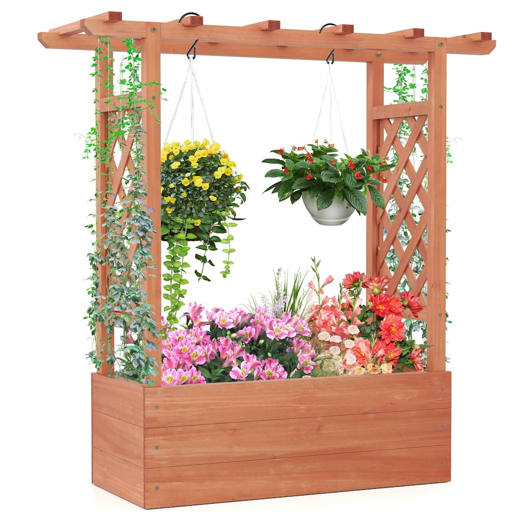Gymax Raised Garden Bed Wooden Elevated Planter w/Side Trellis &