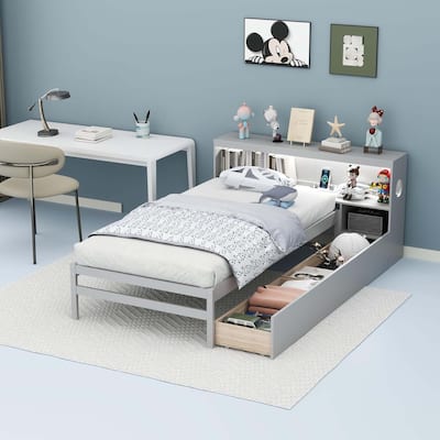 Twin Wood Platform Bed Frame w/2 Drawers & Charging Station