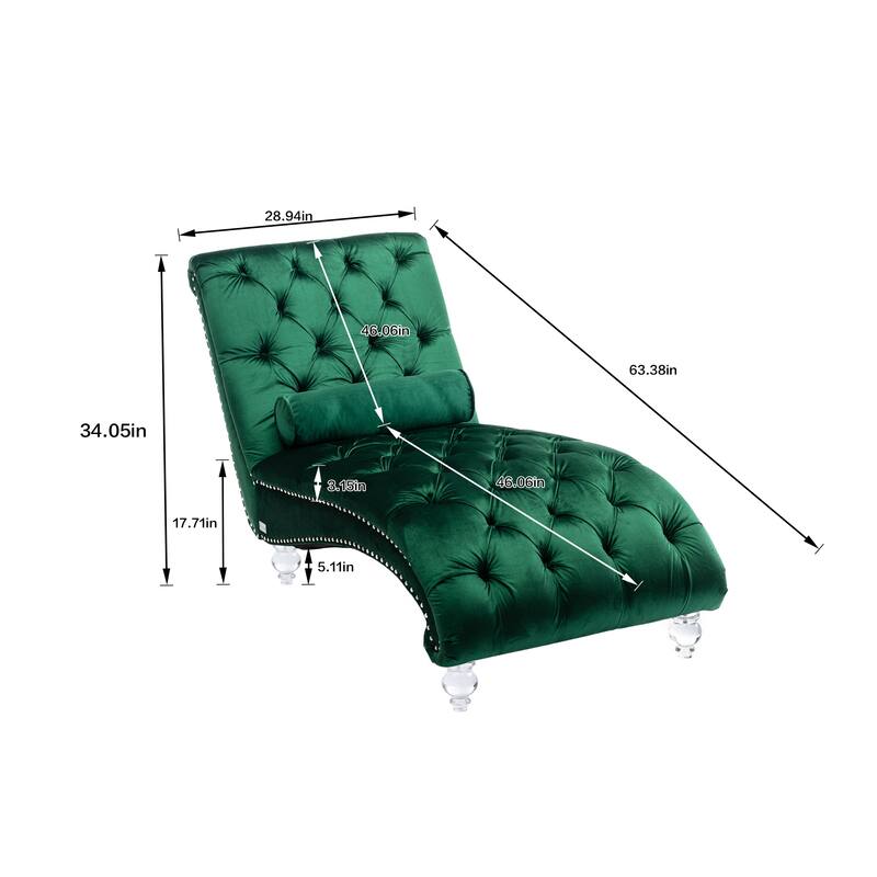 Velvet Tufted Chaise Lounge Chair Ergonomic S Shape Recliner with Pillow, Nailhead Trim and Acrylic Legs for Indoor Use