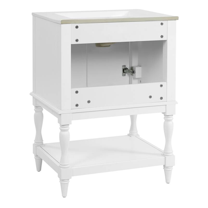 24" Modern Luxury Bathroom Vanity with Ceramic Sink, Compact Cabinet with Open Shelf & Closed Storage