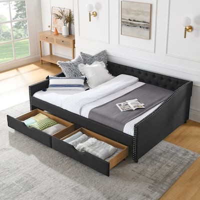 Queen Size Daybed with Drawers Upholstered Tufted Sofa Bed,with Button on Back and Copper Nail on Waved Shape Arms