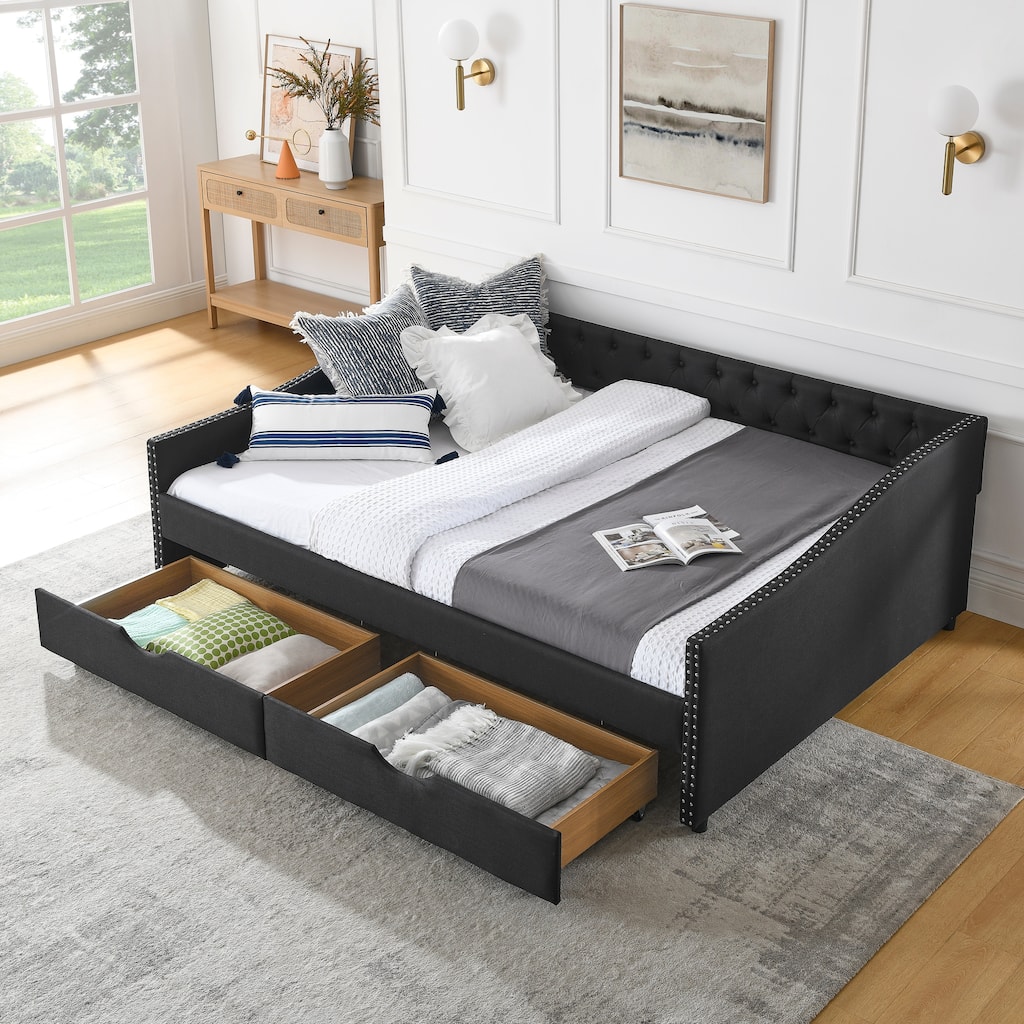 Queen Size Daybed with Drawers Upholstered Tufted Sofa Bed,with Button on Back and Copper Nail on Waved Shape Arms