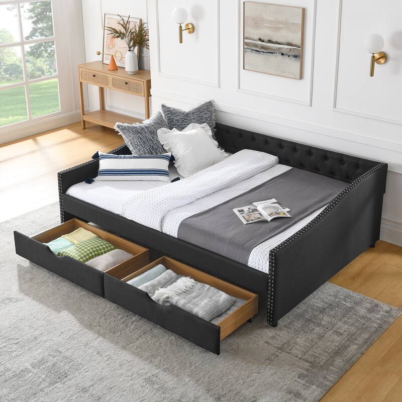 Tufted Button Daybed with 2 Storage Drawers/Upholstered Sofa Bed Frame w/Copper Nail on Waved Shape Armrests/No Spring Box Need