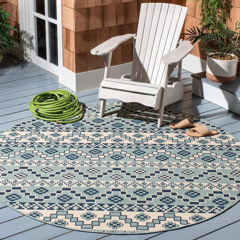 SAFAVIEH Veranda Dymph Indoor /Outdoor Waterproof Patio Backyard Rug - 6'7" Round - Turquoise/Blue
