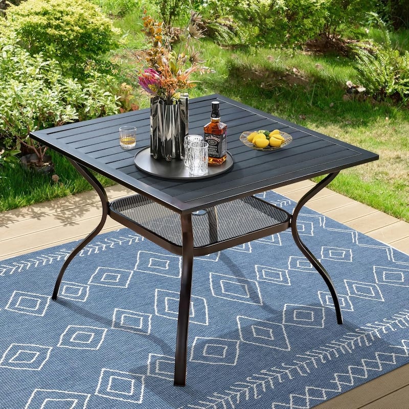 37" Black Square Outdoor Patio Metal Steel Slatted Dining Table with Umbrella Hole