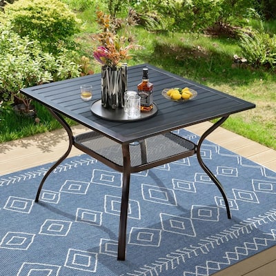 37" Black Square Outdoor Patio Metal Steel Slatted Dining Table with Umbrella Hole