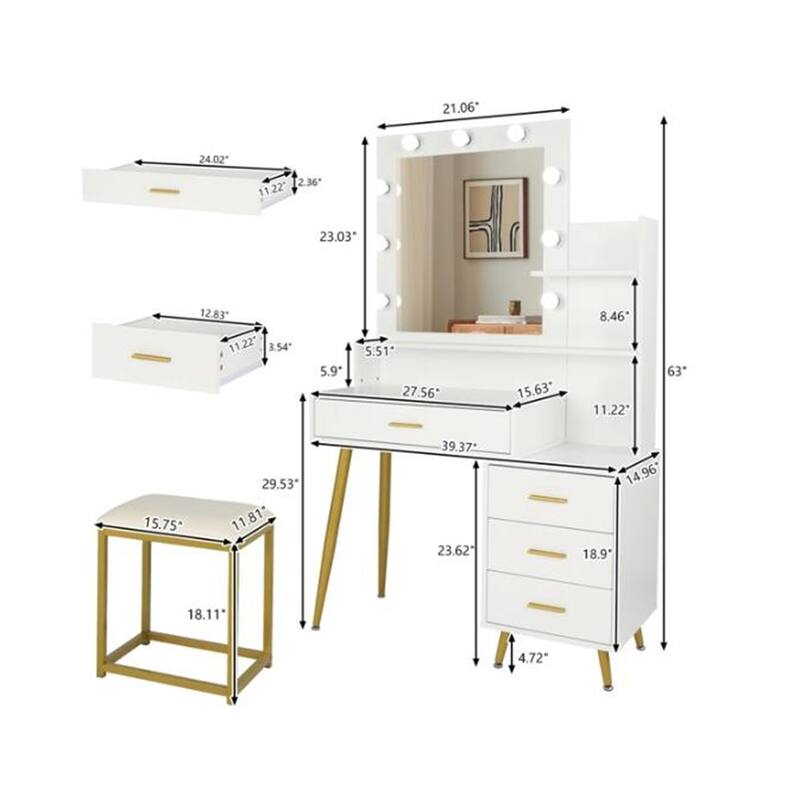 Vanity Set with 9 LED Bulbs and Cushioned Stool