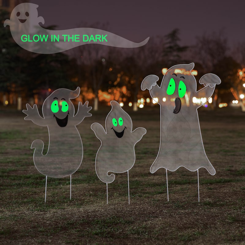 Glitzhome 40"H Set of 3 Halloween Metal Mesh Ghost Family DIY Yard Stake (Glow in Dark) - Black
