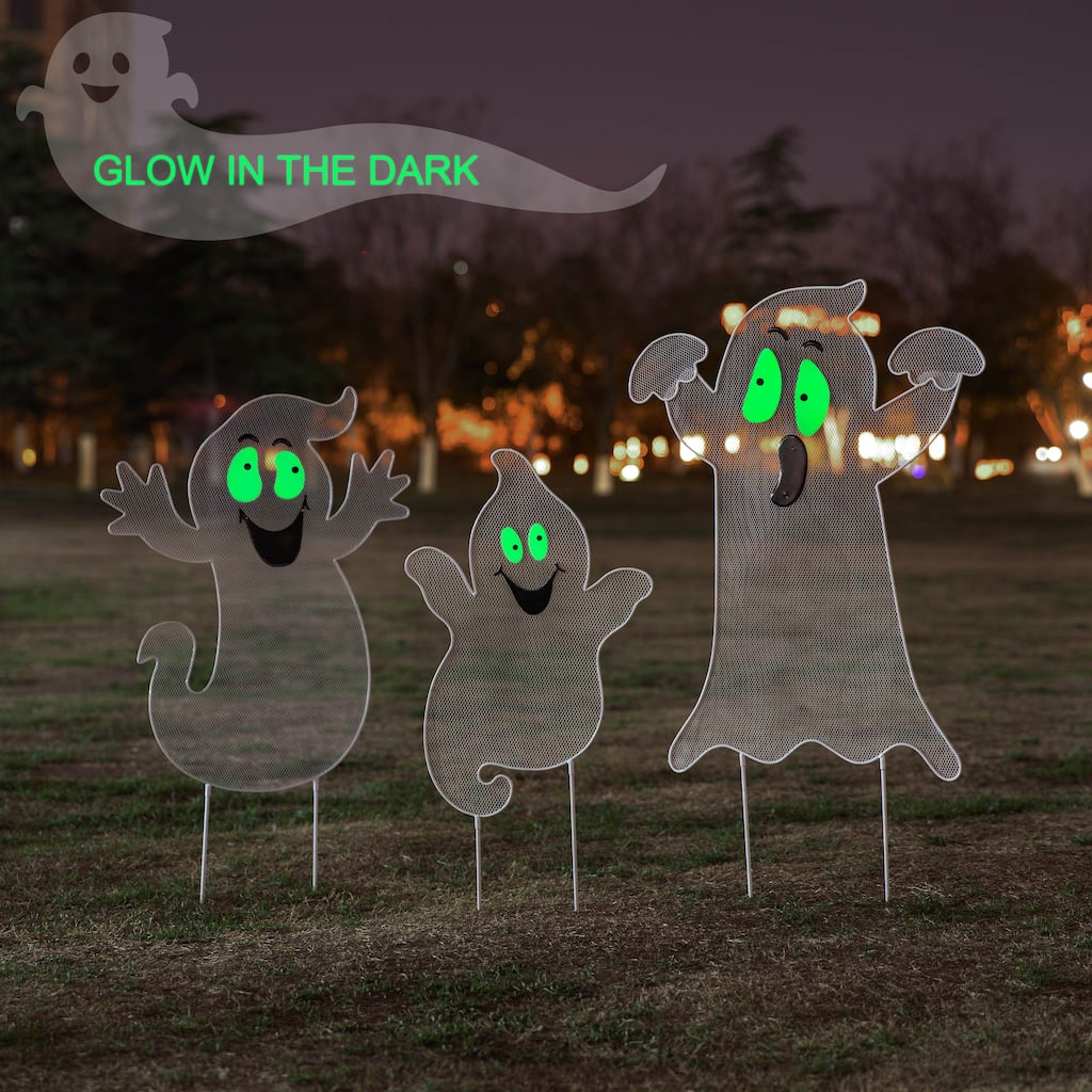 Glitzhome 40"H Set of 3 Halloween Metal Mesh Ghost Family DIY Yard Stake (Glow in Dark)