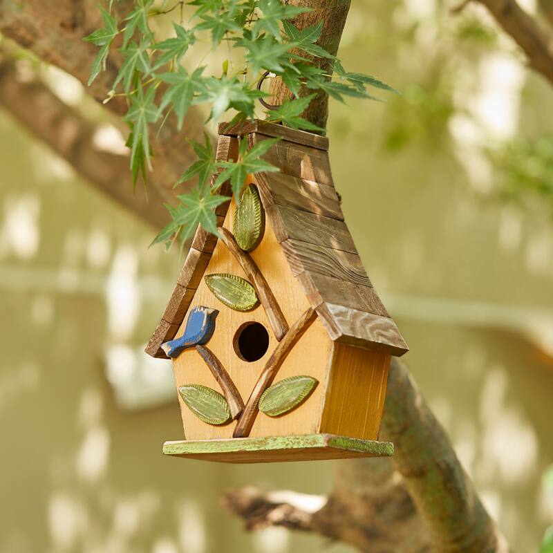 Glitzhome 12.5"H Distressed Solid Wood Birdhouse with 3D Leaves