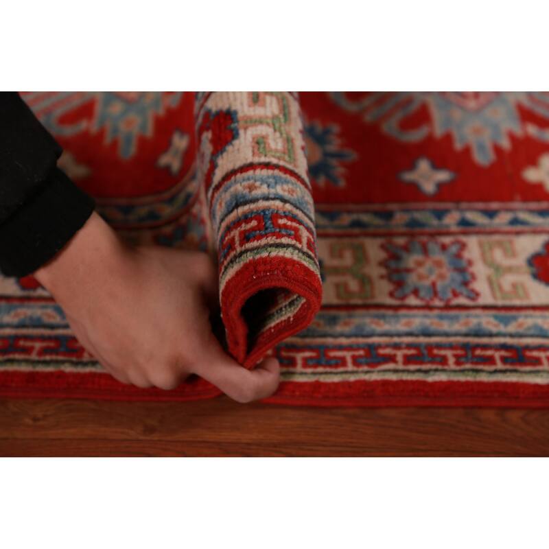 Traditional Kazak Foyer Rug Hand-Knotted Geometric Red Wool Carpet - 2'8"x 4'1"