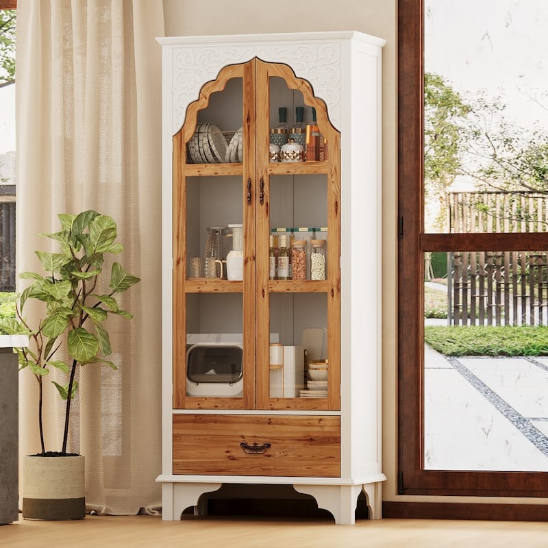 Oak Finish Fir Wood Wooden Curio Cabinet Display Storage Case Bathroom Cabinet Bookcase - 70.9"Hx31.5"W - White