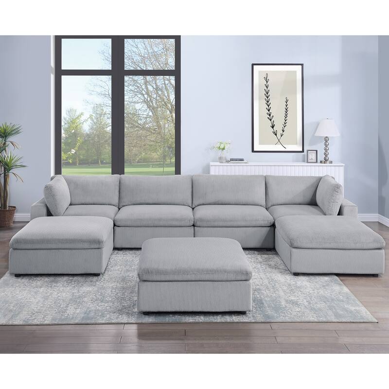 7 Piece Corduroy Upholstered Modular Sectional Sofa with Ottoman