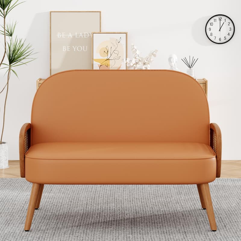 Loveseat Sofa Small Couch for Living Room, Faux Leather Mini Couch Love Seat with Natural Rattan Armrest and Solid Wooden Legs