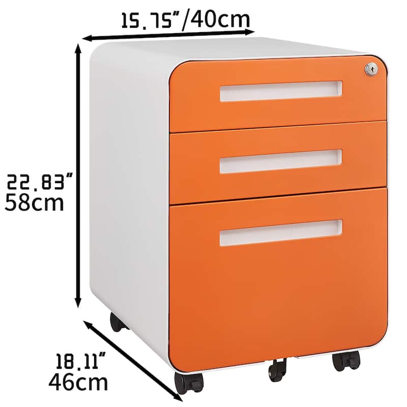 Rounded 3 Drawer Mobile Filing Cabinet, 5-Wheel Design Anti Tilt Cold-Rolled Steel, With Pencil Storage Box