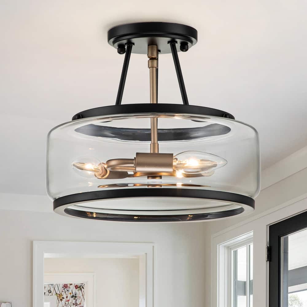 3-Light Industrial-style Black/Gold Lantern Glass Semi Flush Mount