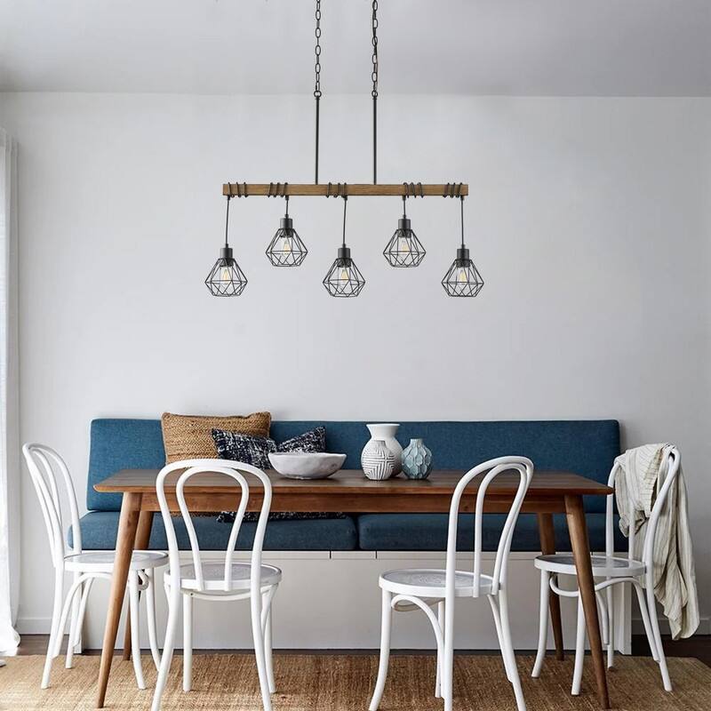 Industrial 5-Light Black Metal Cage Chandelier with Faux Wood Beam