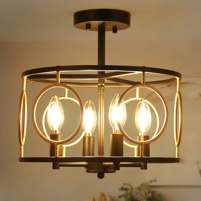 Tinka Modern Farmhouse 4-light Drum Chandelier Black Gold Semi-flush Mount Ceiling Light - D 13"* H 13.5"