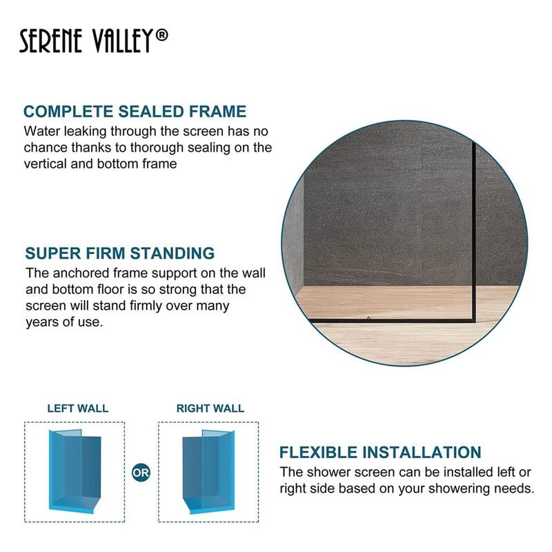 Serene Valley 34 x 72 Inch Tempered Glass Stand Alone Shower Screen, Matte Black - 78.35