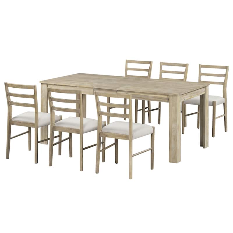 7-Piece Wooden Extendable Dining Table Set with 12" Leaf and 2 Drawers, 6 Chairs