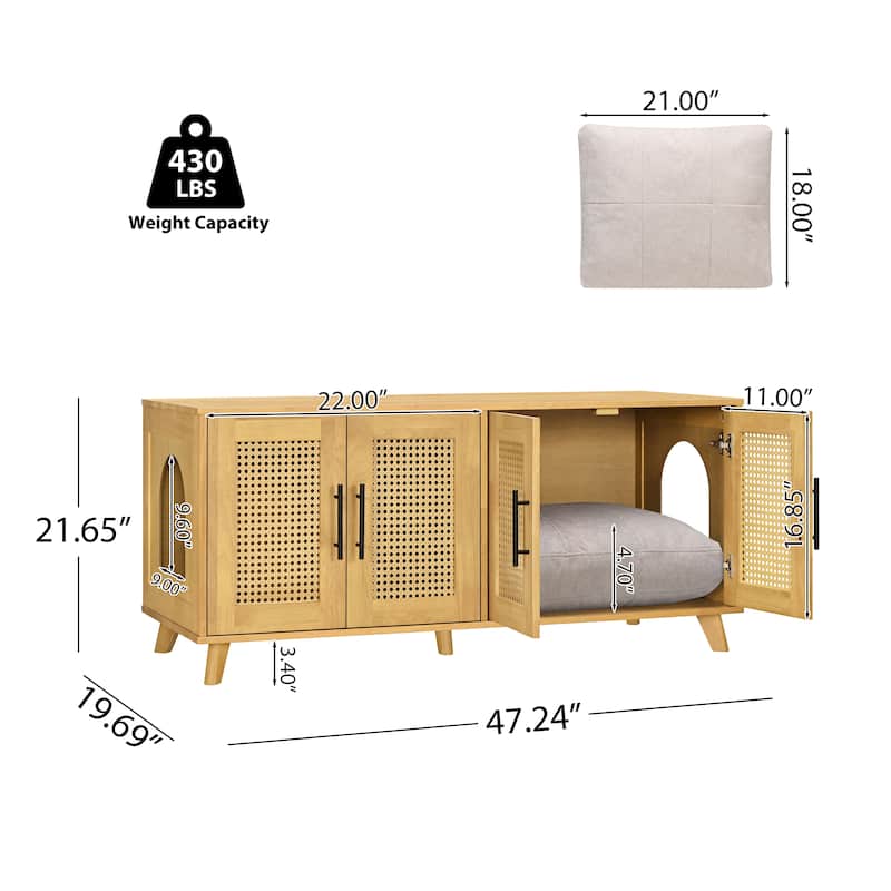 Christopher Knight Home - 47"W Rubber Wood Cat Cabinet with Rattan Doors & Cushion