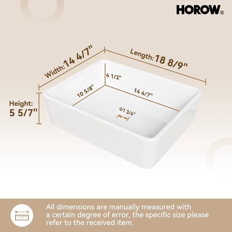HOROW 19 inch Rectangular White Bathroom Ceramic Vessel Sink Art Basin