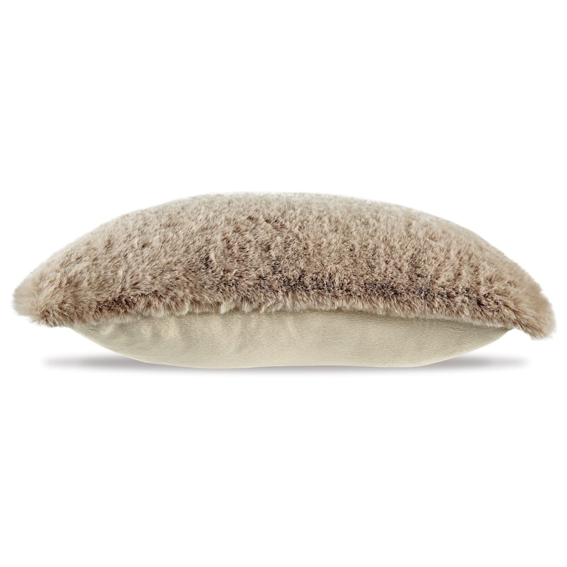 Difi Throw Pillow Set of 4, 20 Inch, Faux Rabbit Fur Face, Taupe Polyester