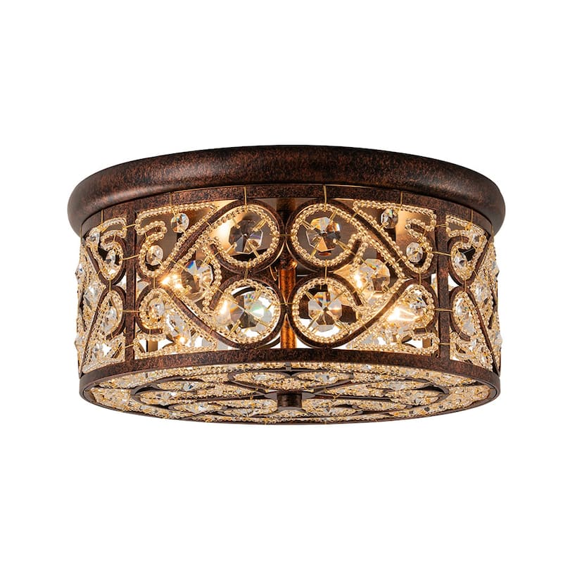 Spanish Vintage Crystal Bronze Drum Flush Mount Light - 13.8in