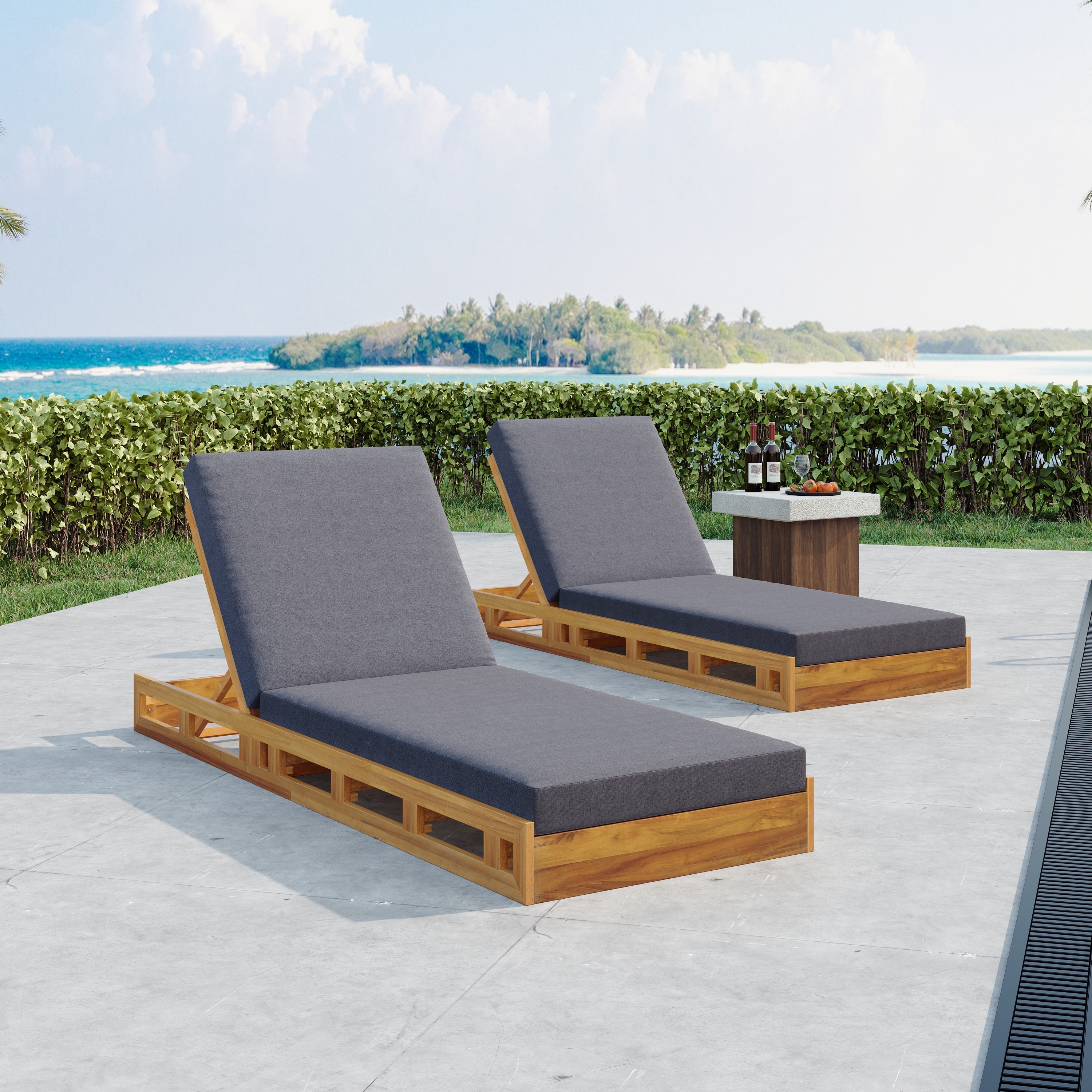 Roomfitters Outdoor Acacia Wood Chaise Lounge with 4 Inch Thick Water-Resistant Cushions Teak Finish