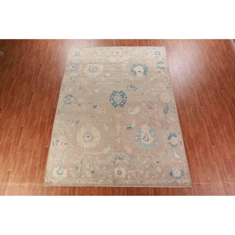 Hand Knotted Oriental 100% Wool Carpet Transitional All-Over Brown Oushak Area Rug - 12' 11'' X 9' 4''