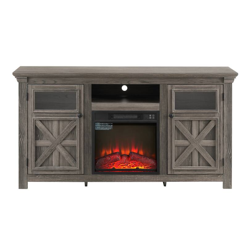 Farmhouse TV Stand, Media Stand With Fireplace Insert, Barn Design, and Adjustable Shelves, for Living Rooms and Bedrooms, Grey