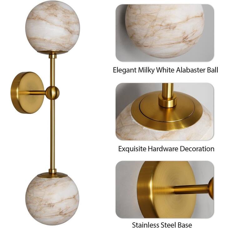 KAYLA Anjely Modern 25" Alabaster Wall Sconce, 1-Light Dimmable Wall Light with Brass Base, G9 LED Bulbs Included