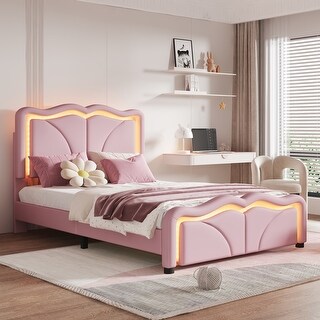 PU Upholstered Platform Bed with Adjustable Headboard and LED Strips