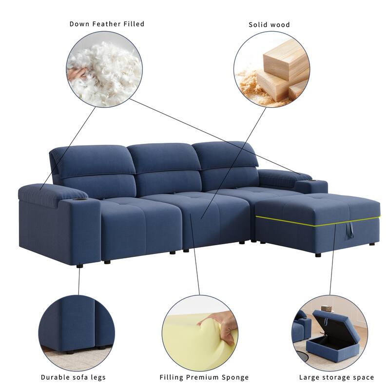 Down Filling Modular Deep Seat Couch L-shaped Sectional Sofa with Adjustable Backrest, Cup Holders, Storage Armrests and Ottoman