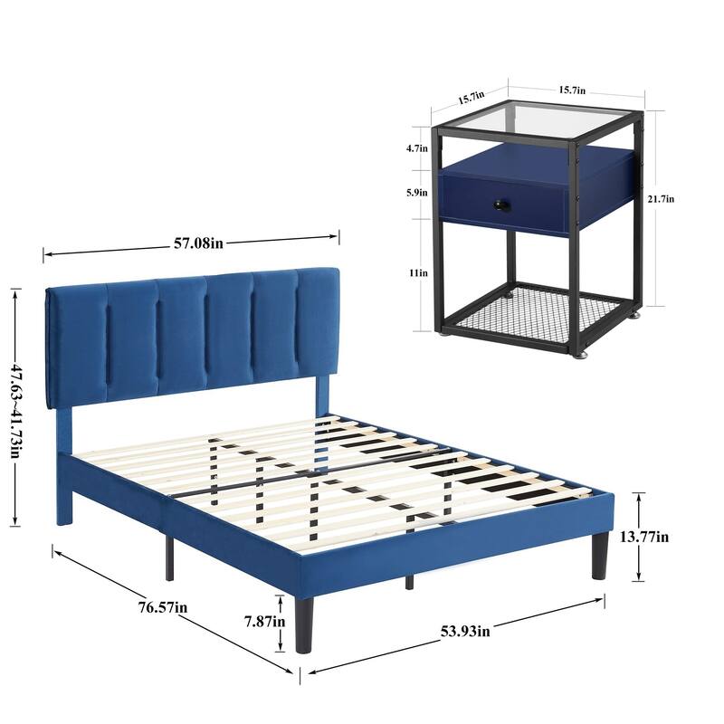 VECELO, Five Colors, 3-Pieces Tufted Upholstered Platform Bed Frame with Adjustable Height Headboard and Nightstands Set of 2