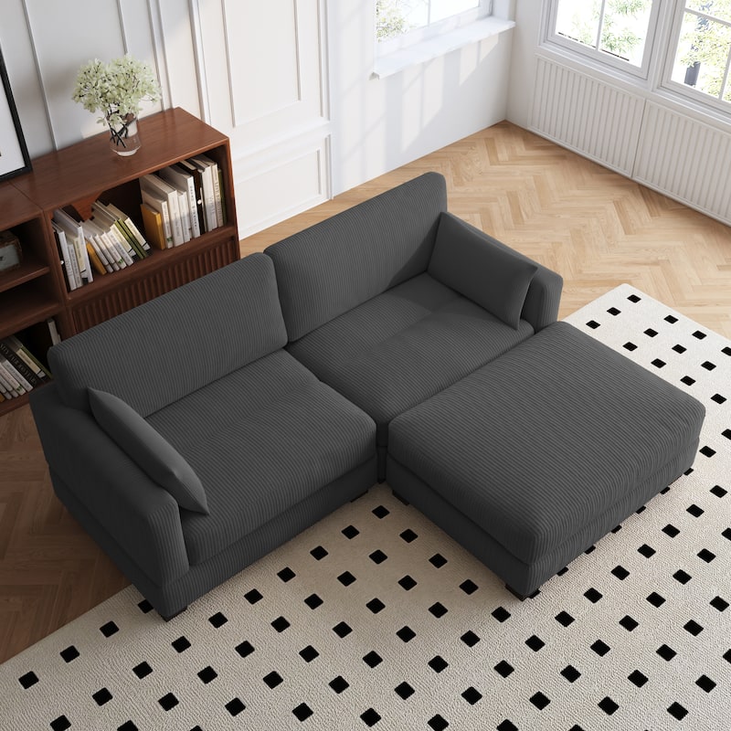 84'' L-Shaped Corduroy Comfy Couch Modular Sectional Sofa With Ottoman