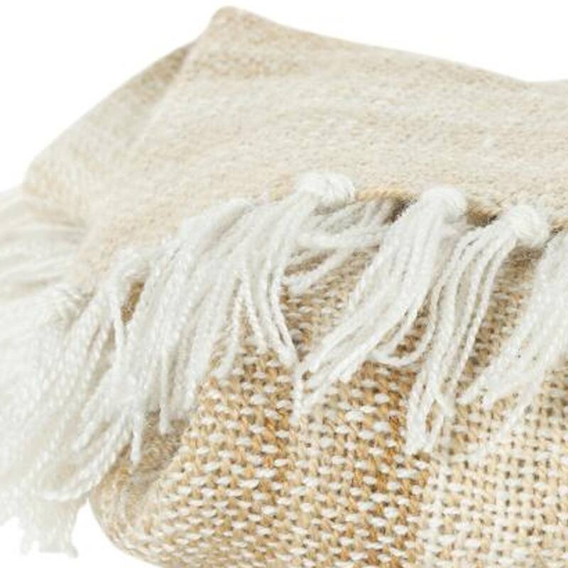 HomeRoots 50" X 60" Beige Brown And Ivory Recycled Poly PET Striped Throw Blanket with Tassels