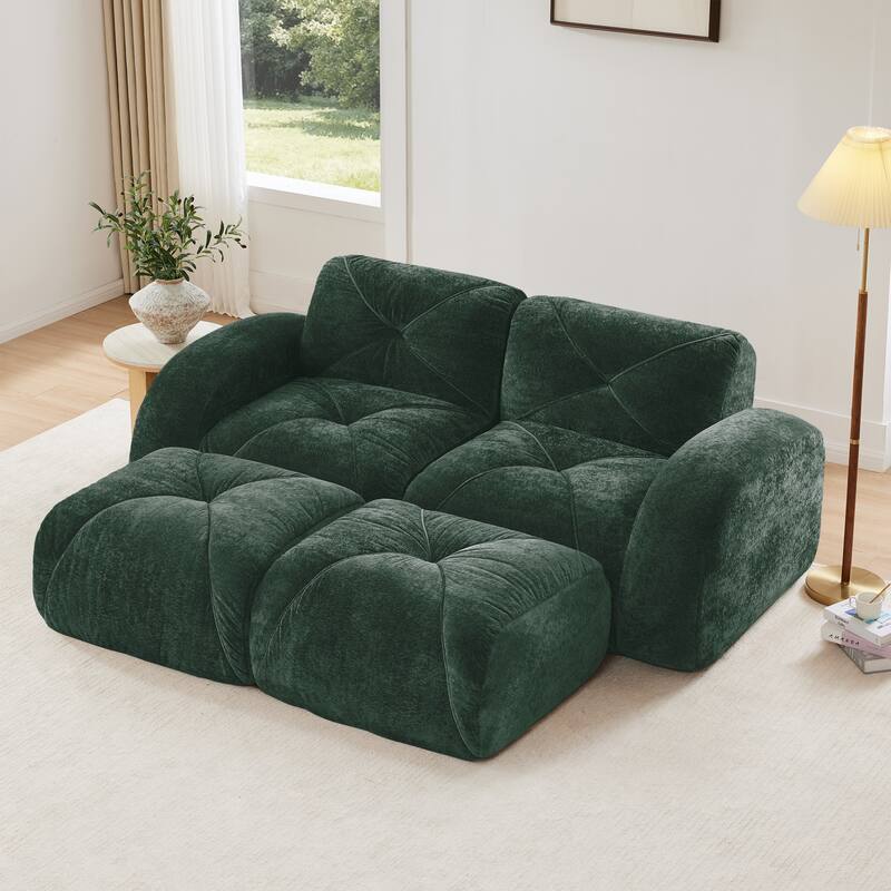 U-shaped Boneless Sofa, Soft Velvet Fabric, Tufted Design, 32D High Density Sponge, No Assembly Required - Green