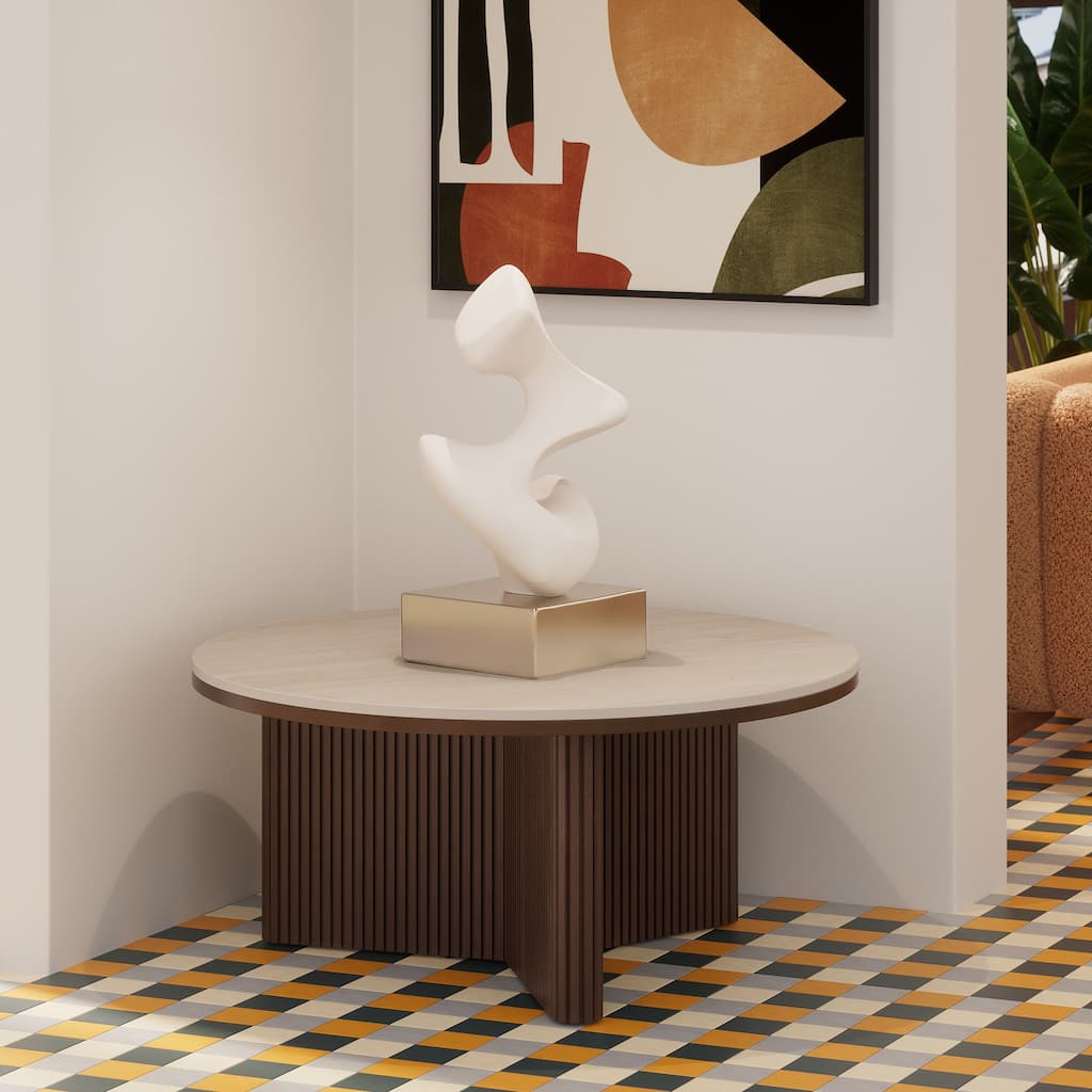 35" Round Coffee Table with Sintered Stone Top and Vertical-Groove Column Base for Living Room