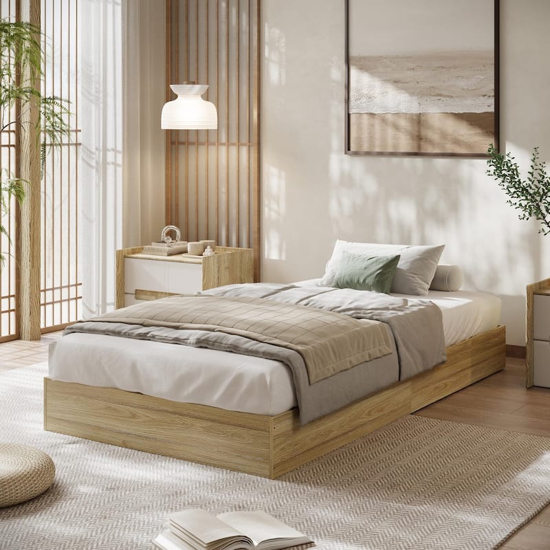 Solid Wood Platform Bed, Floor-Standing Bed Frame with Strong Wooden Slats - Tan - Twin XL